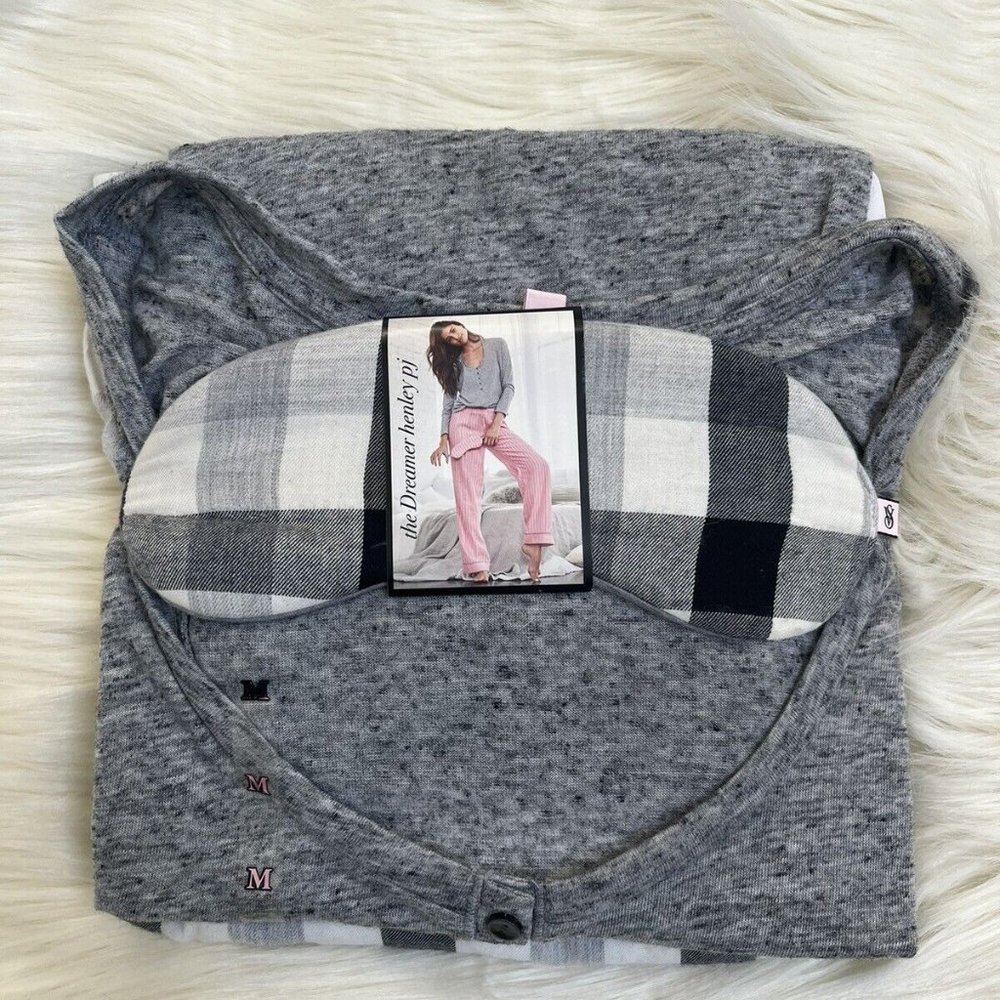 NWT Victoria's Secret The Dreamer Henley Pajama PJ Grey buffalo check - M
